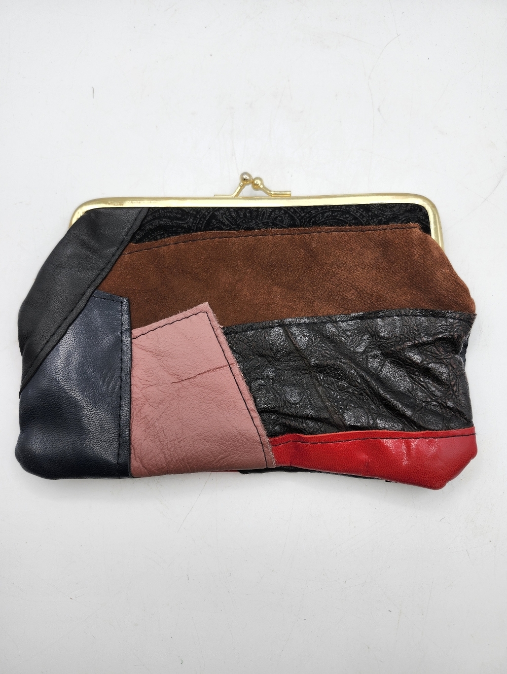 Vintage Leather Y2K Patchwork Clutch Wallet - Red & Black - Picture 2 of 3